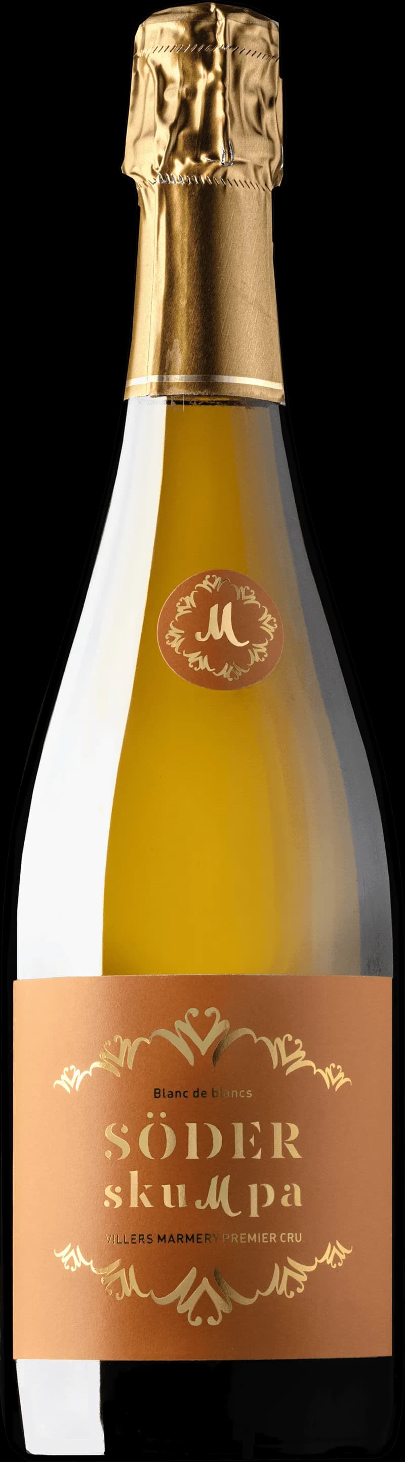 Flaska med Söderskumpa mousserande vin mot en bakgrund.