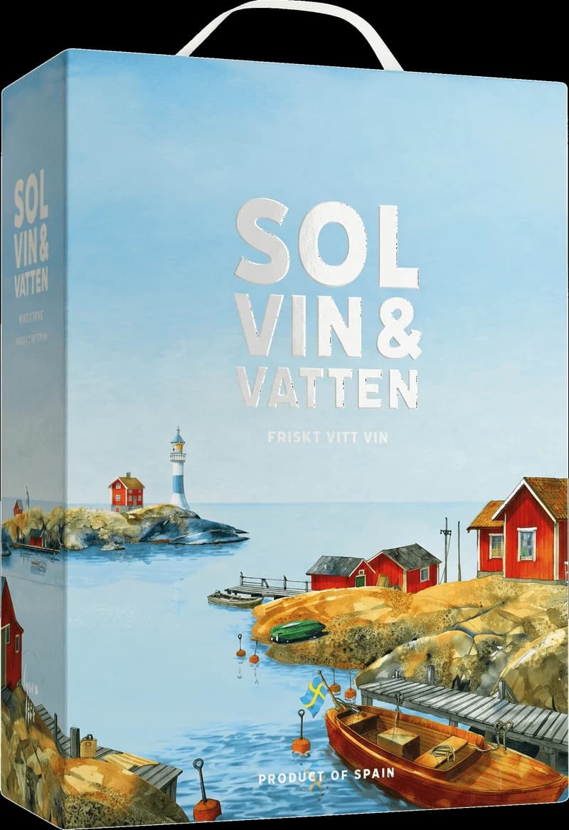 Ett glas vitt vin mot en bakgrund av sol, vin och vatten.