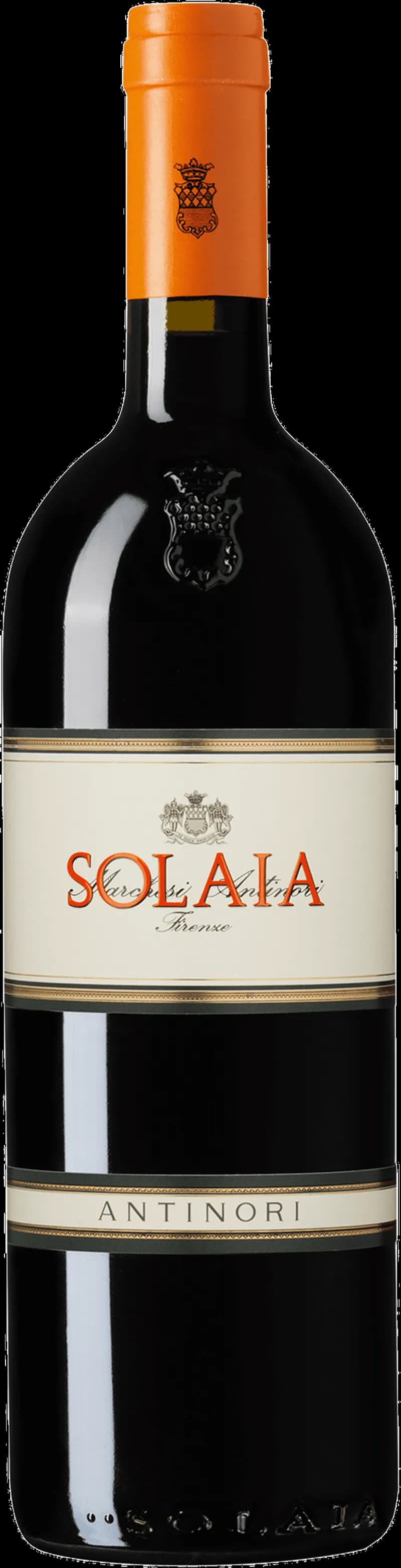 Flaska med Solaia rött vin mot mörk bakgrund