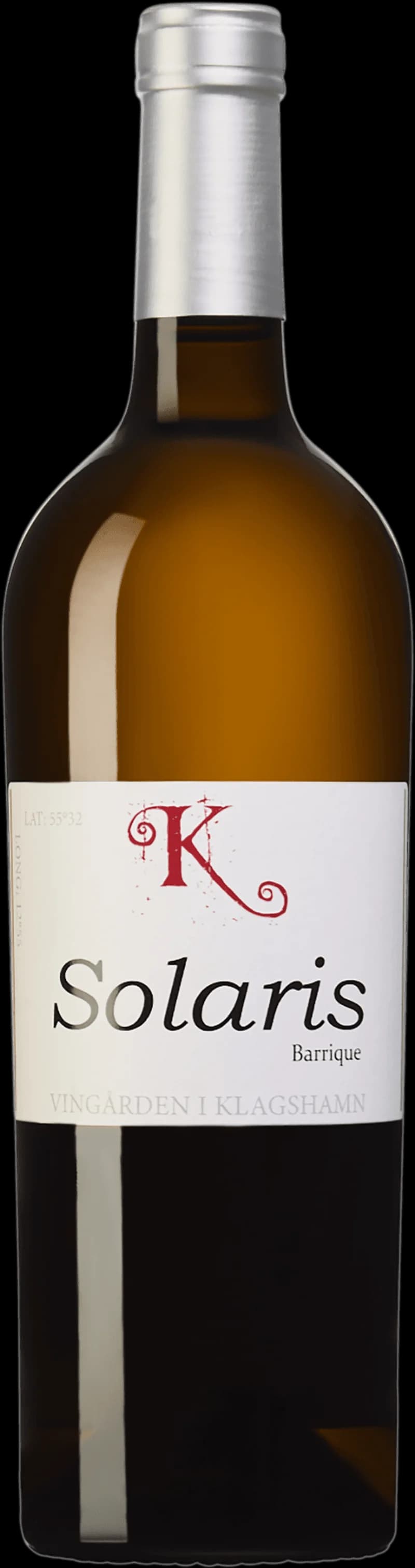 Flaska Solaris barrique vitt vin mot ljus bakgrund