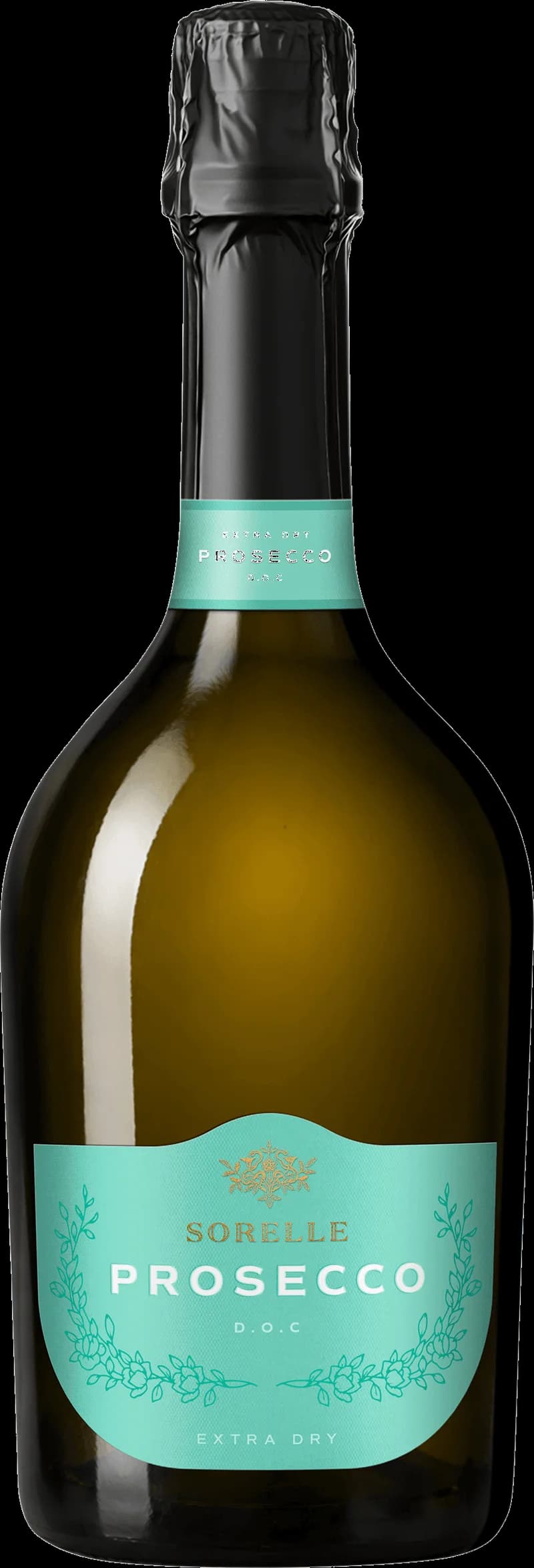 Flaska med Sorelle mousserande vin mot en mörk bakgrund.
