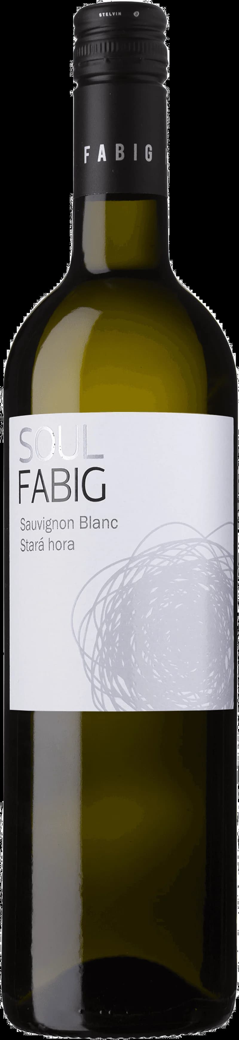Flaska och glas med Soul Fabig vitt vin på en ljus bakgrund.