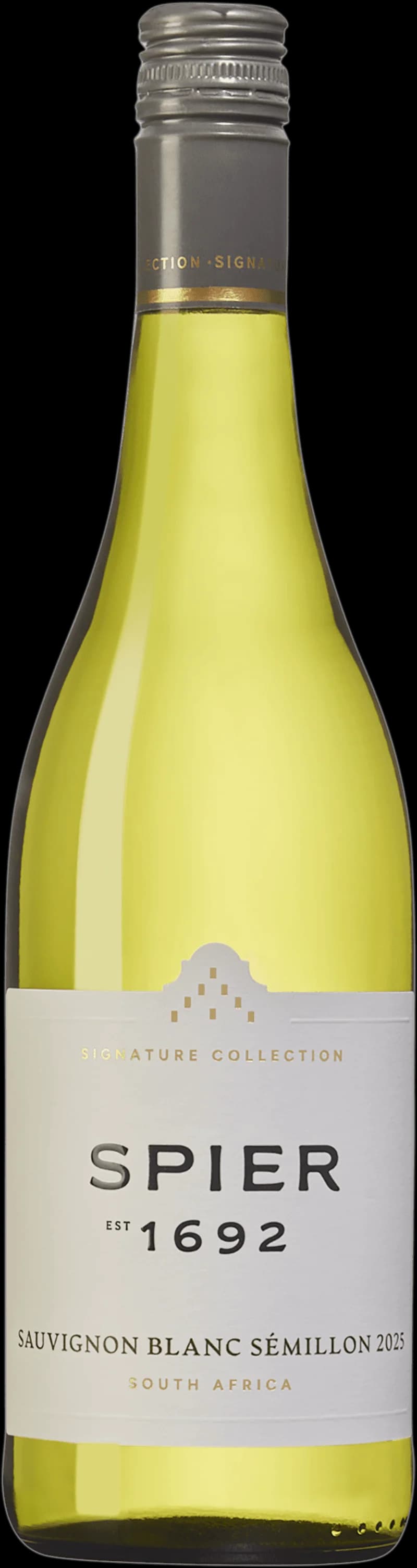 Flaska av Spier Signature vitt vin mot ljus bakgrund.