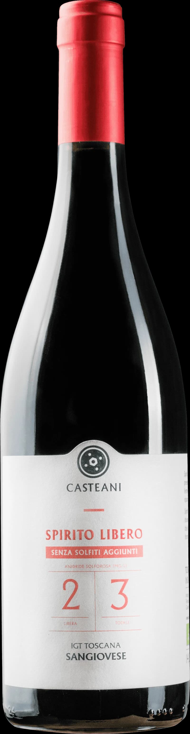 Flaska av rött vin Spirito Libero på en bordsservering.