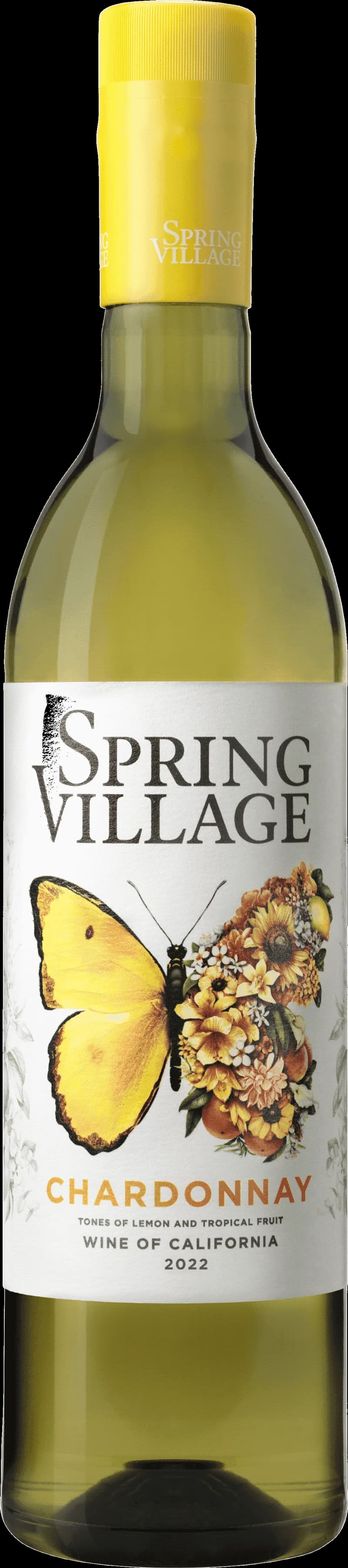 Flaska Spring Village vitt vin på ett bord med glas och gröna detaljer.
