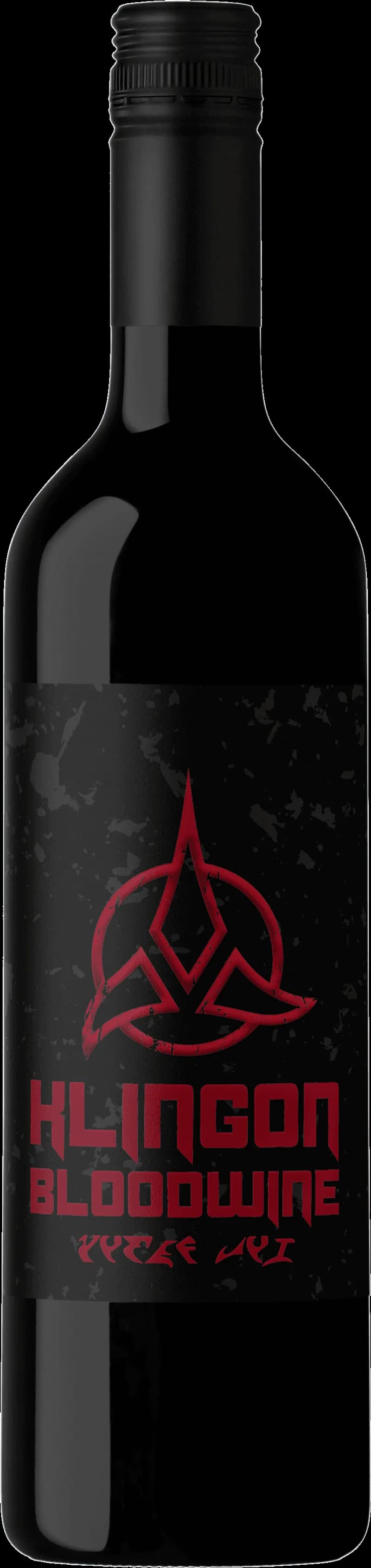 Flaska med Star Trek Klingon Bloodwine rött vin på en mörk bakgrund.