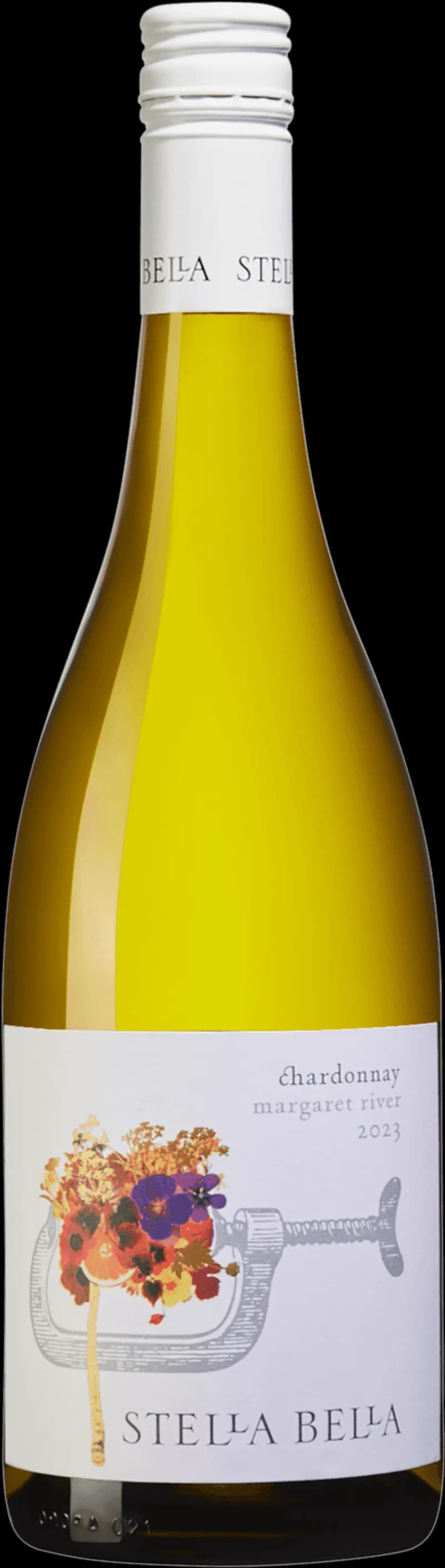 Flaska av Stella Bella Chardonnay vitt vin mot ljus bakgrund.