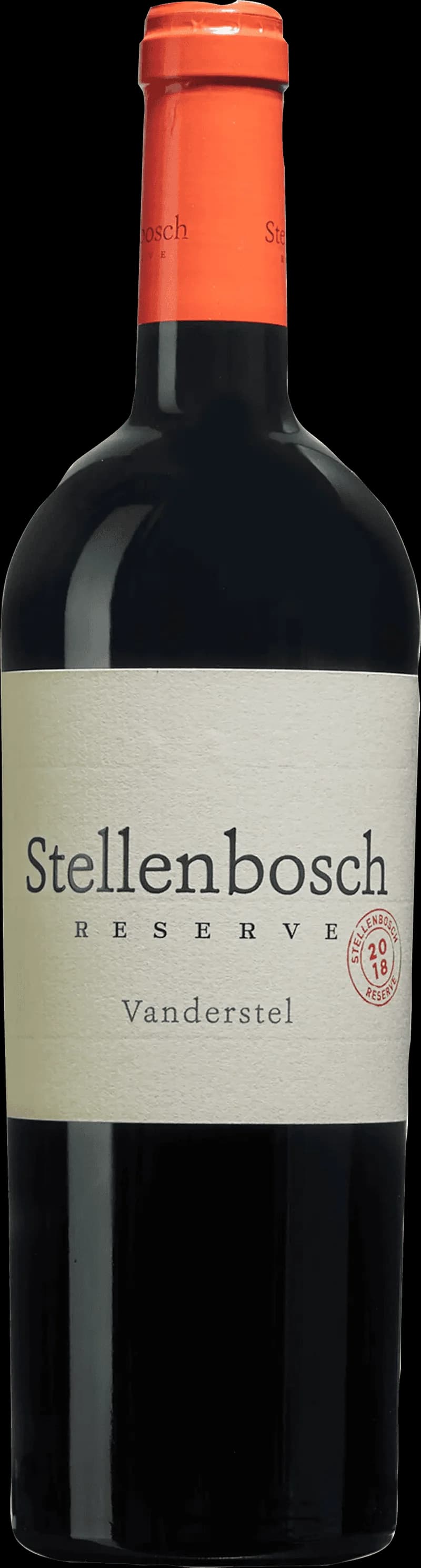 Flaska av Stellenbosch Reserve rött vin mot en mörk bakgrund.