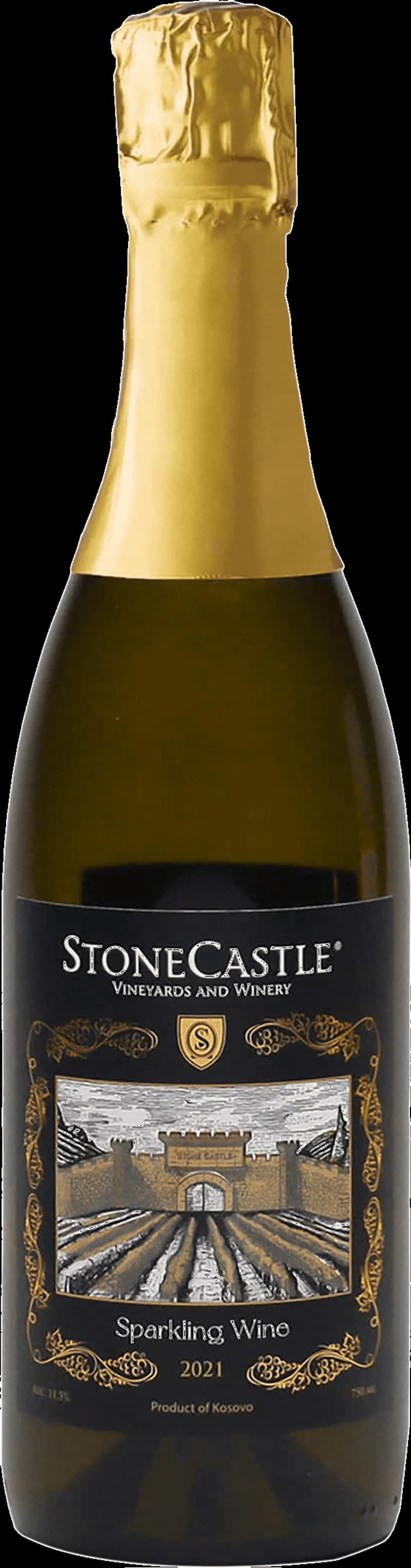 Flaska Stonecastle mousserande vin mot en rustik bakgrund.