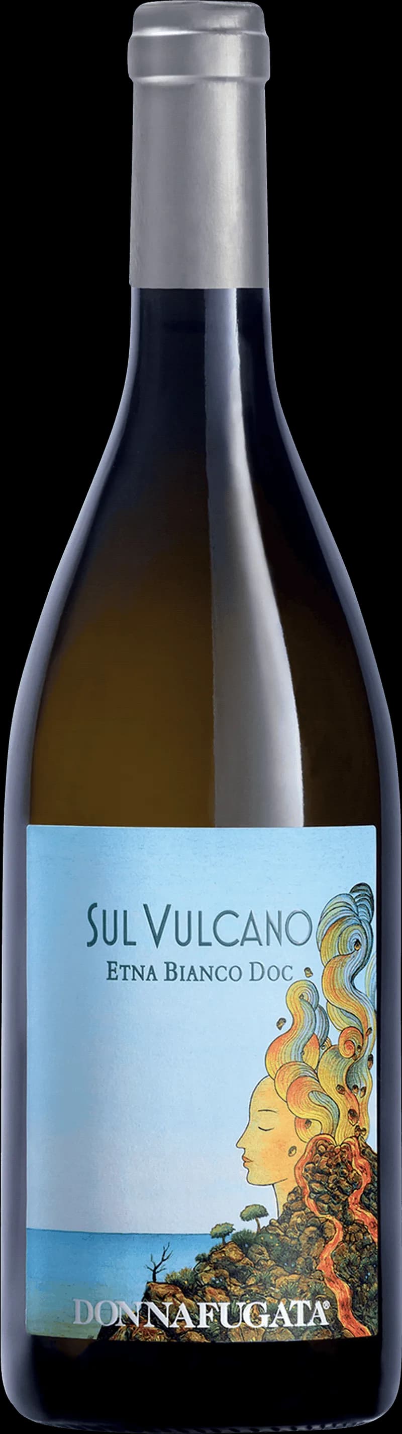 Flaska med vitt vin från Sul Vulcano på en bordsservering.