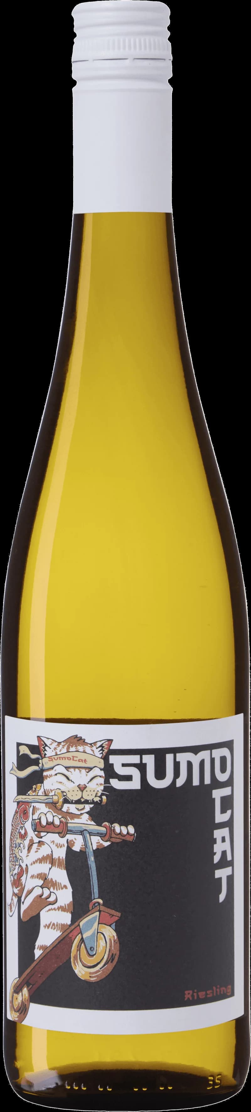 Sumo Cat Riesling vitt vin i en flaska med etikett föreställande en sumobrottande katt.