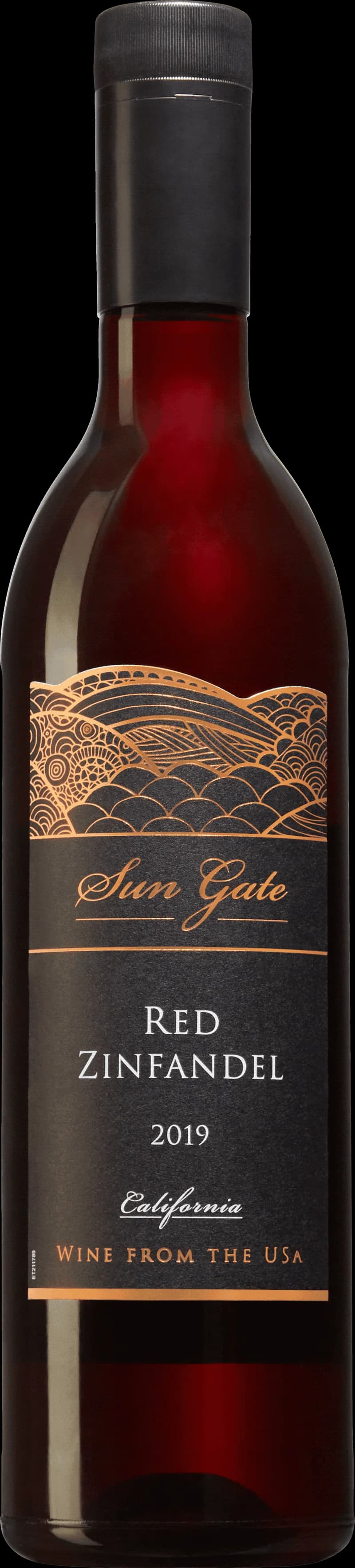 Flaska Sun Gate rött vin mot solnedgång