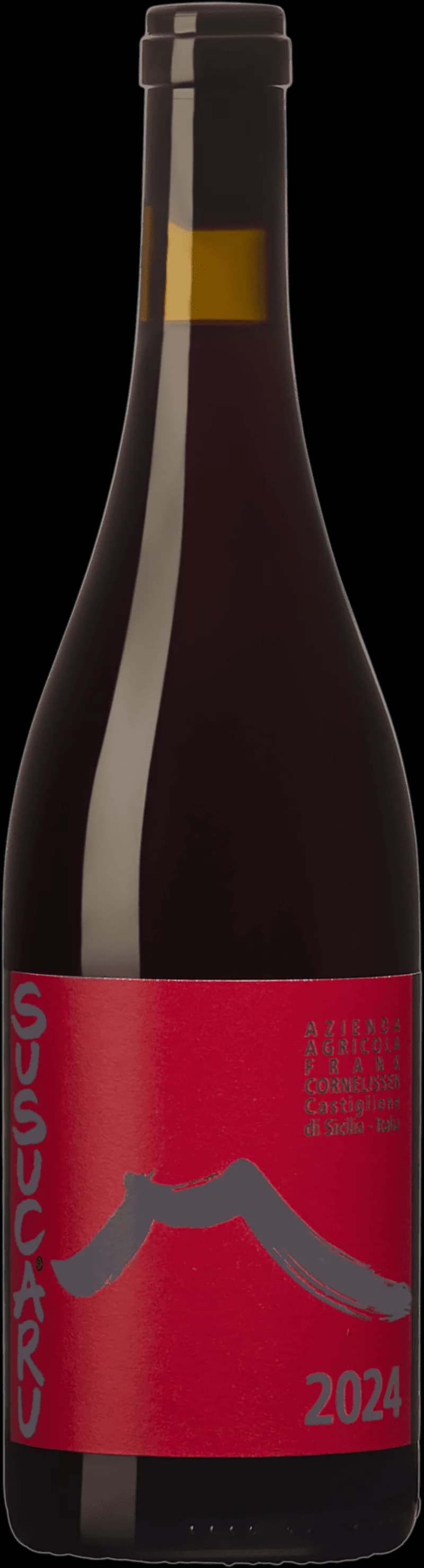 Flaska av Susucaru rött vin mot neutral bakgrund.