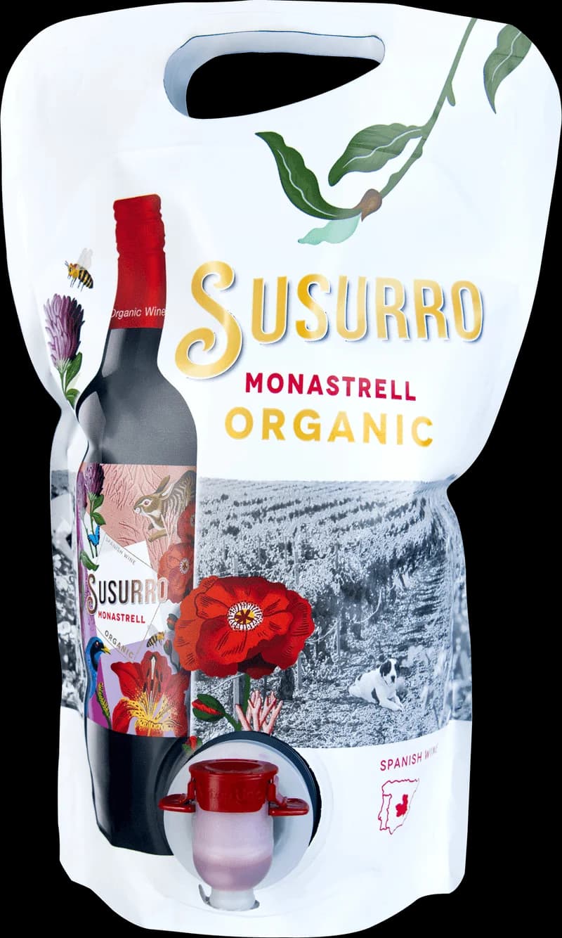 Flaska av Susurro rött vin mot neutral bakgrund.