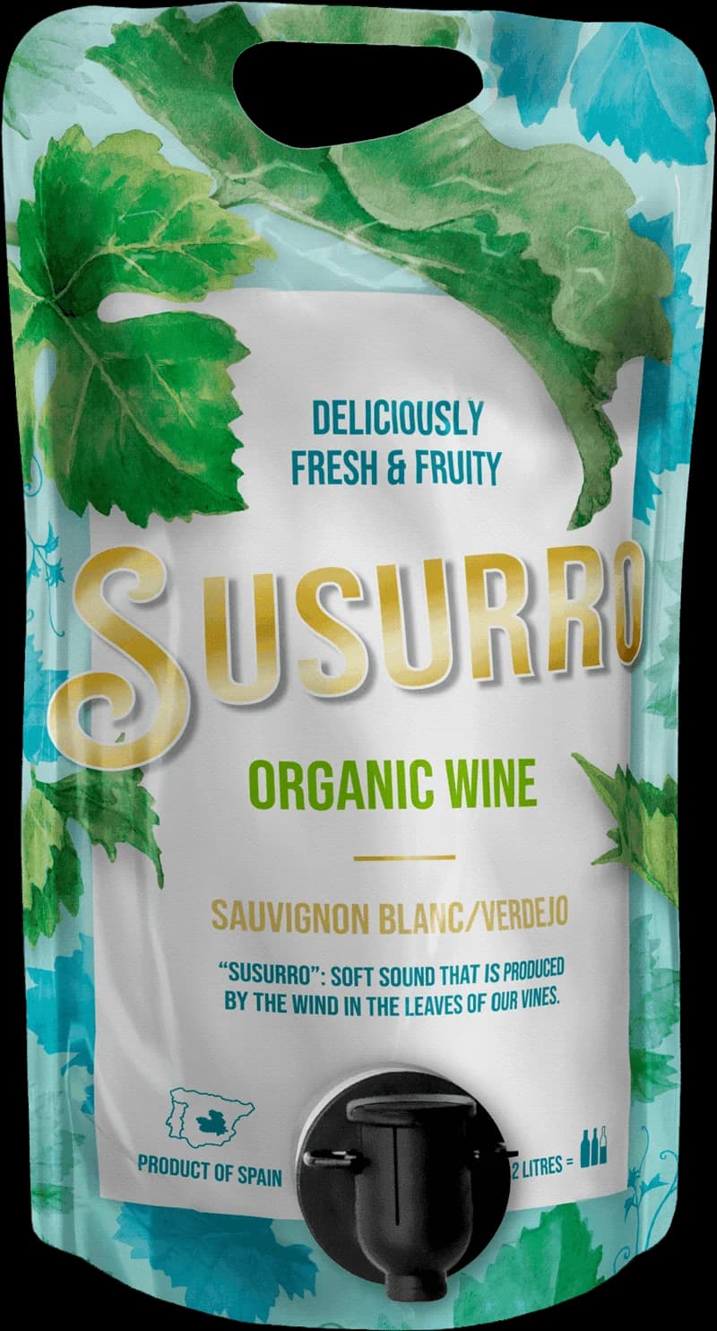Flaska av Susurro vitt vin mot ljus bakgrund