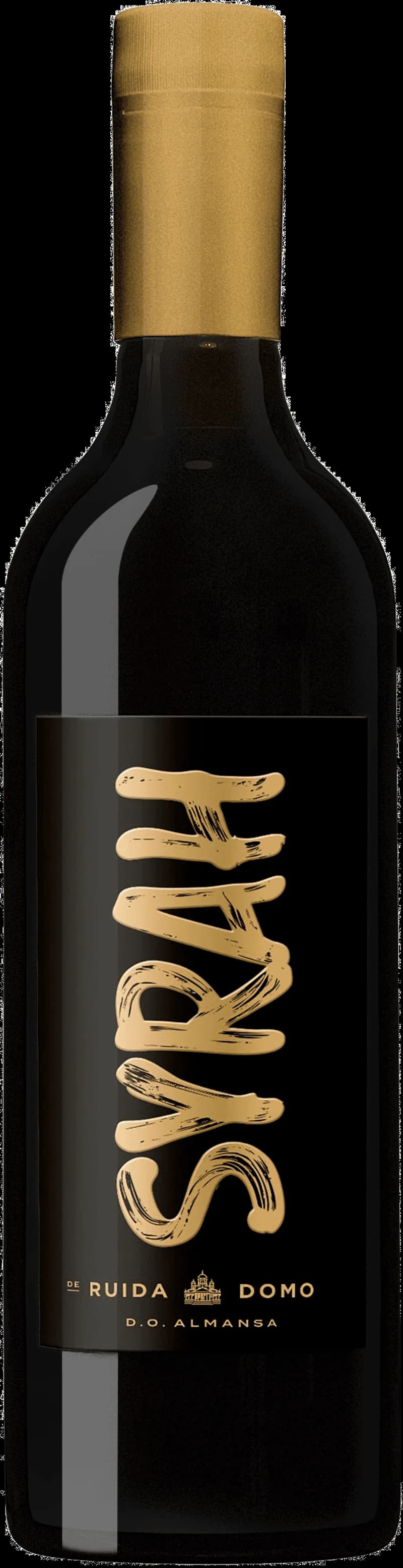 Flaska av rött vin Syrah de Ruida Domo på vit bakgrund