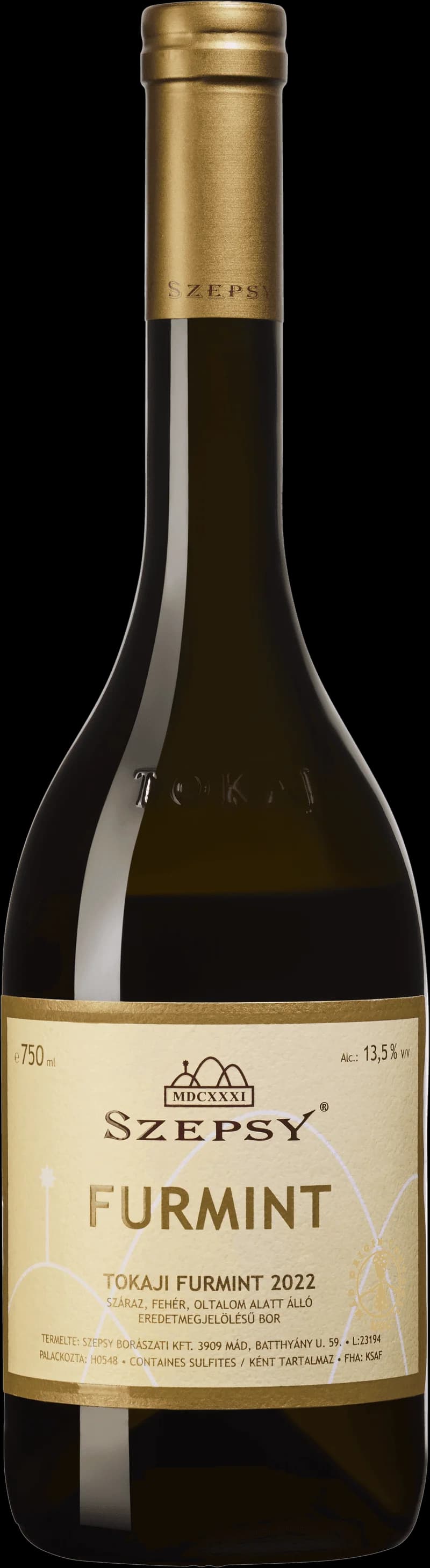 Flaska med Szepsy vitt vin mot ljus bakgrund