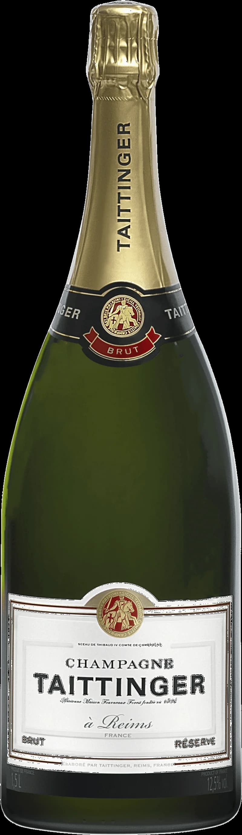 Flaska med Taittinger Brut mousserande vin mot mörk bakgrund.