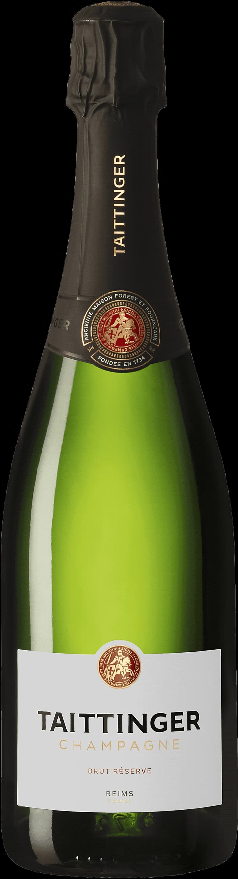 Flaska Taittinger mousserande vin mot vit bakgrund