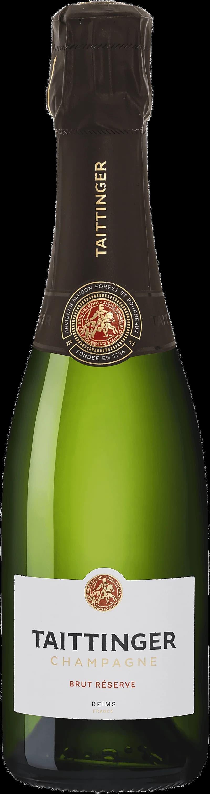 Flaska Taittinger mousserande vin mot mörk bakgrund