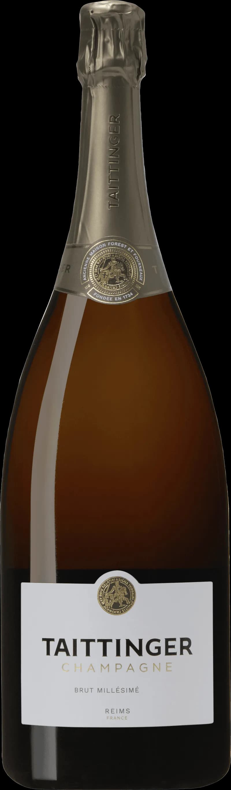 Flaska Taittinger mousserande vin mot mörk bakgrund
