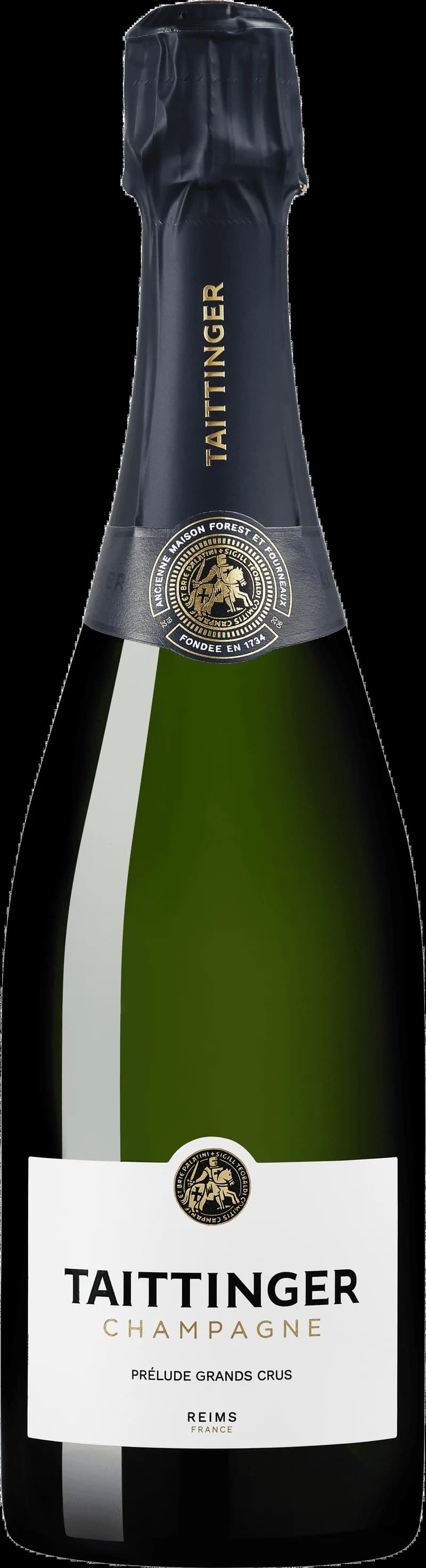 Flaska Taittinger mousserande vin mot neutral bakgrund.