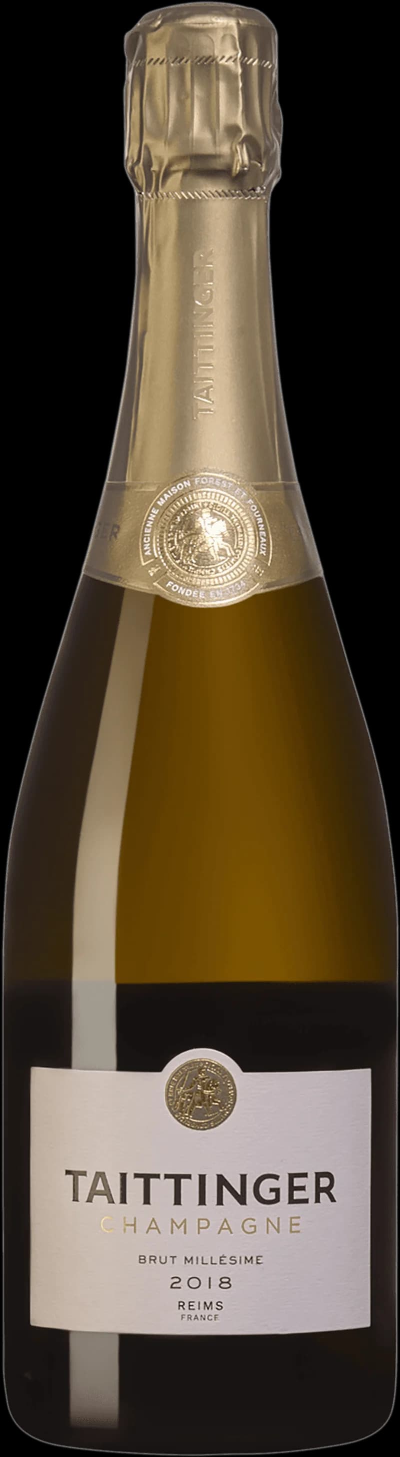 Flaska Taittinger champagne med etikett och glas i bakgrunden.