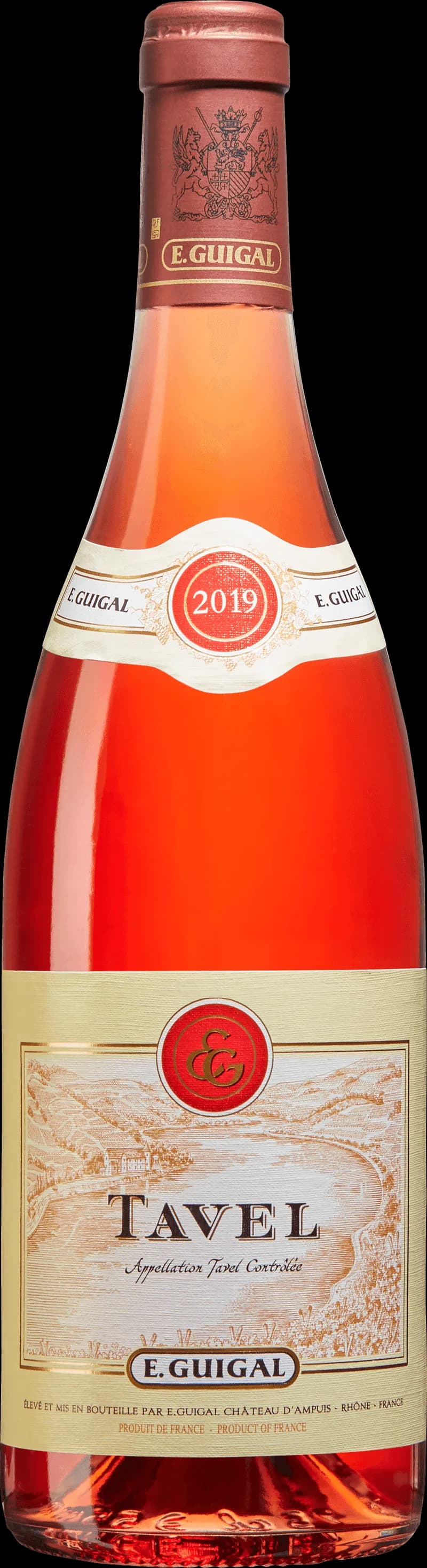 Flaska och glas med Tavel rosévin mot en solig bakgrund