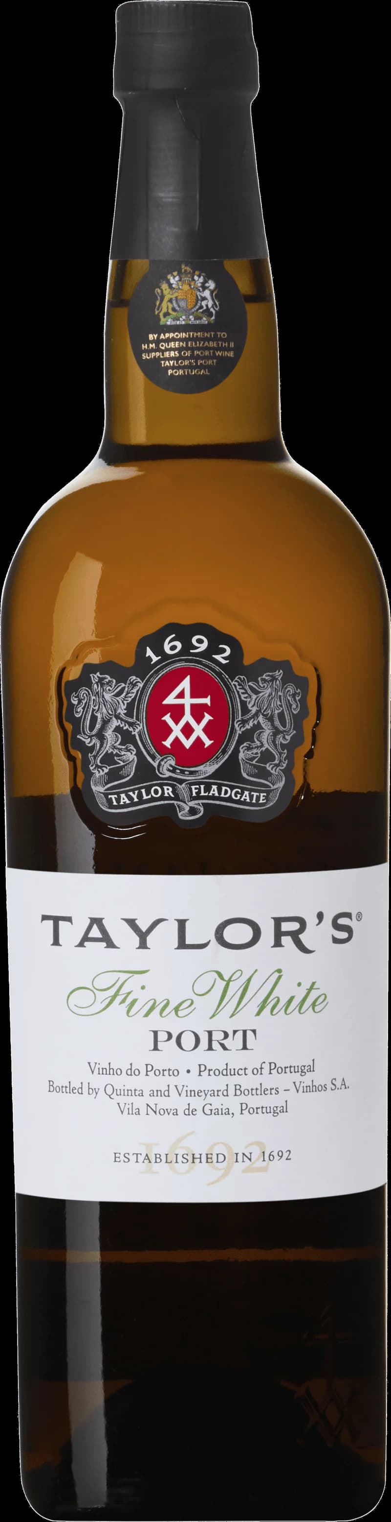 Flaska med Taylor's starkvin och ett glas fyllt med mörkt portvin.