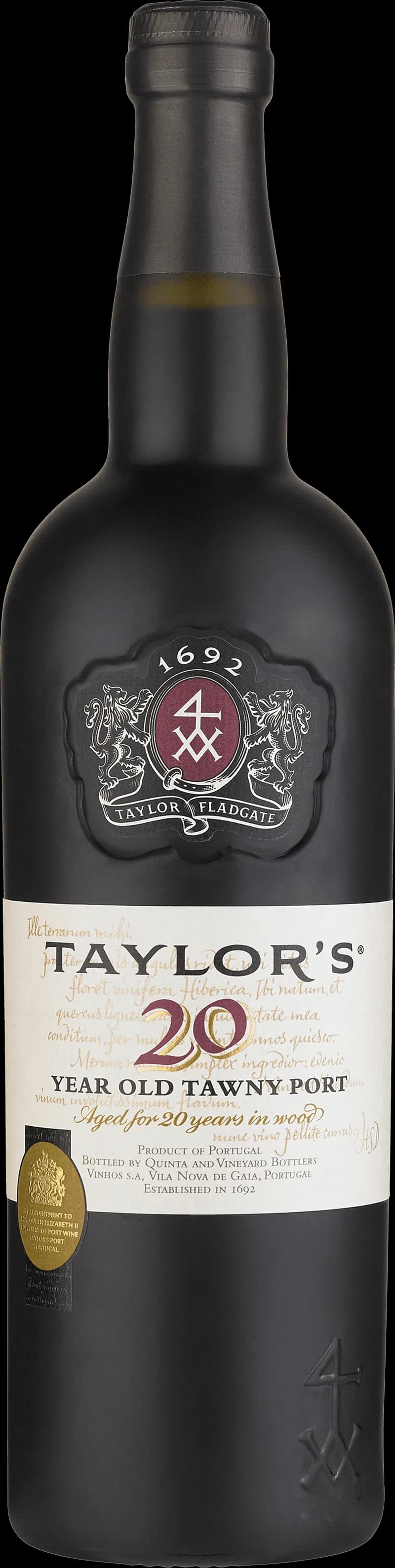 Portvinsflaska från Taylor's med etikett och mörkt rött vin.