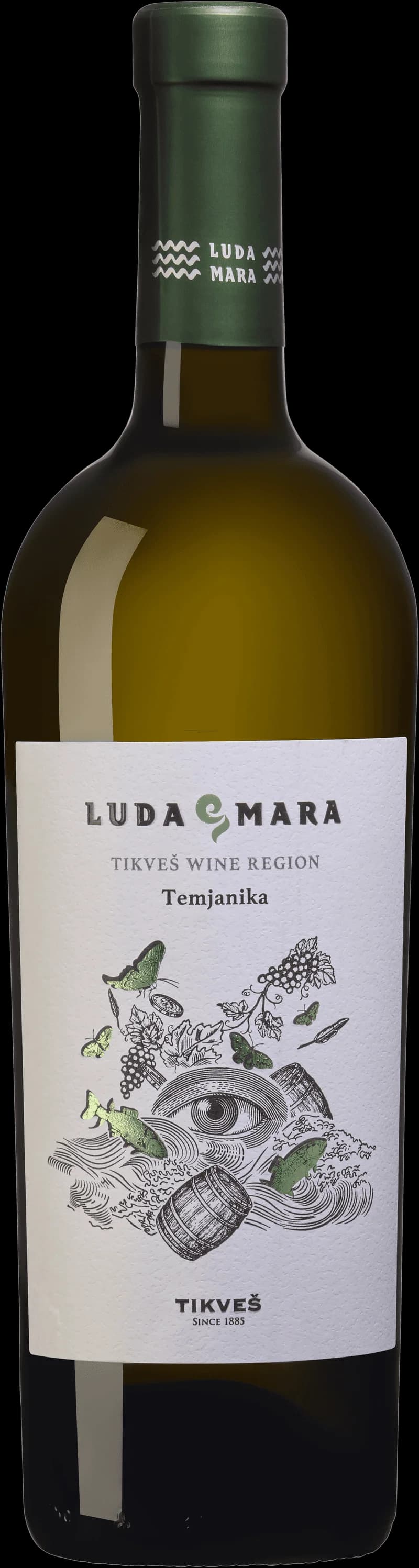 Flaska av vitt vin Temjanika Luda Mara från Makedonien