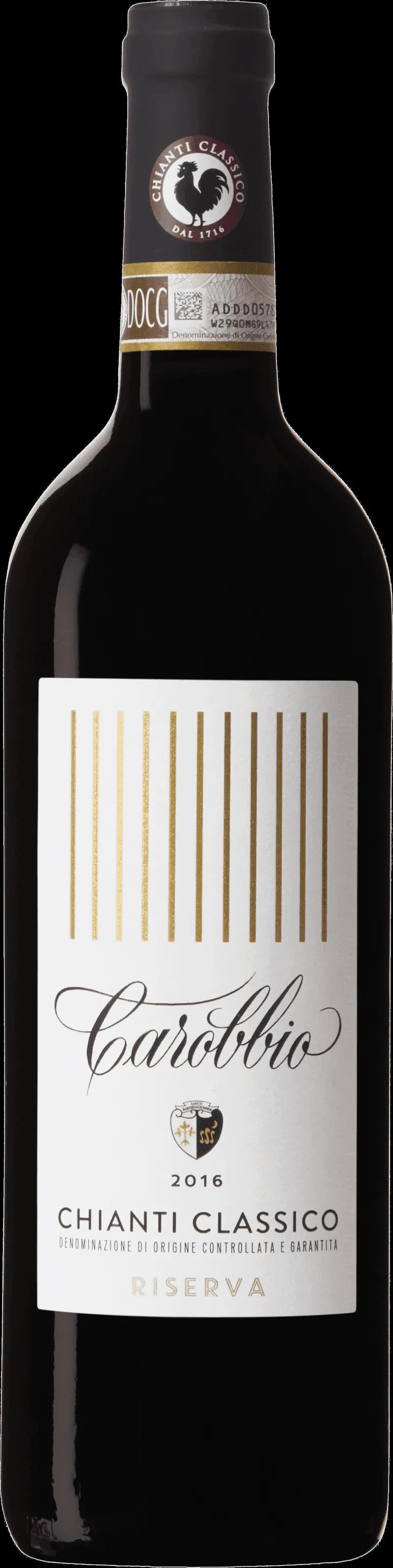 Flaska av Tenuta Carobbio rött vin mot en mörk bakgrund.