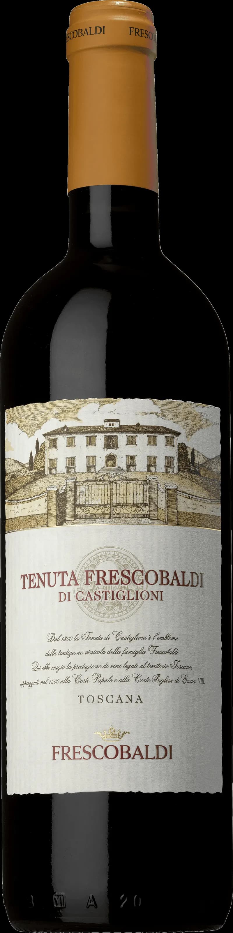 Flaska av Tenuta Frescobaldi di Castiglioni rött vin mot en mörk bakgrund.