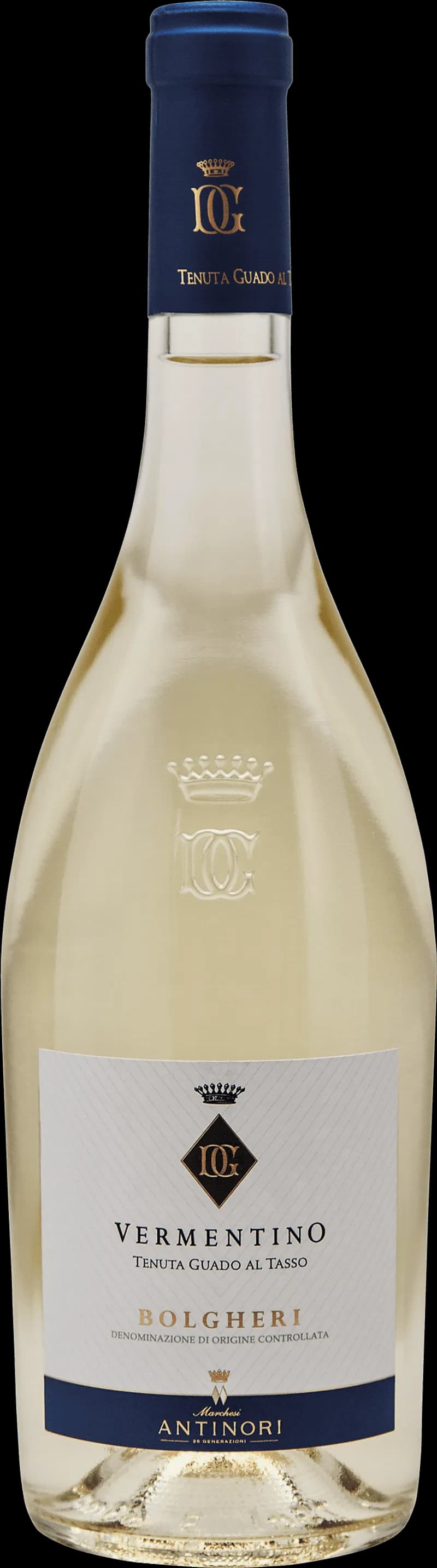 Flaska Tenuta Guado al Tasso vitt vin mot ljus bakgrund