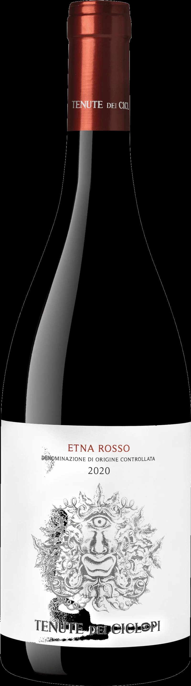 Flaska med Tenute dei Ciclopi rött vin mot en mörk bakgrund.