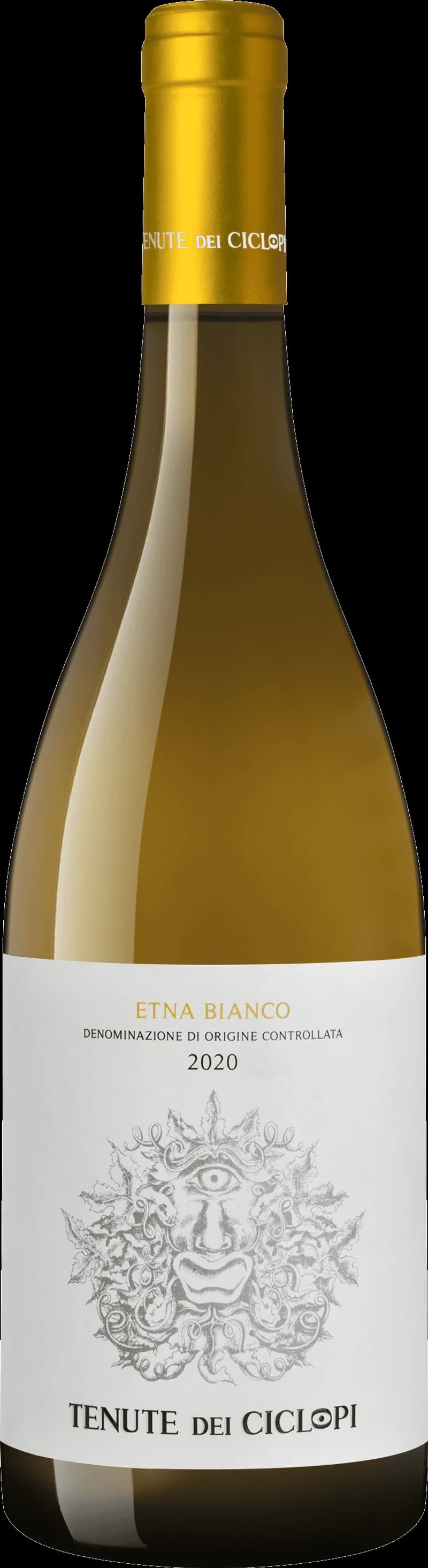 Flaska med vitt vin från Tenute dei Ciclopi på en bordsservering.