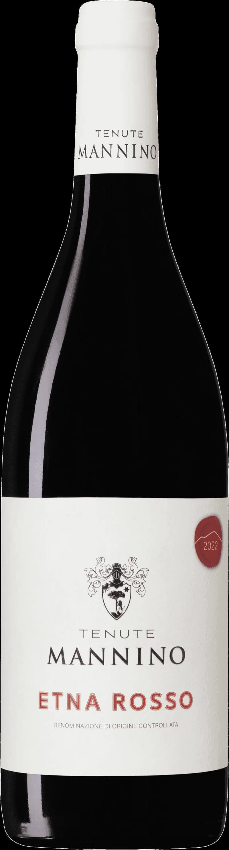 Flaska med Tenute Mannino rött vin mot en mörk bakgrund.