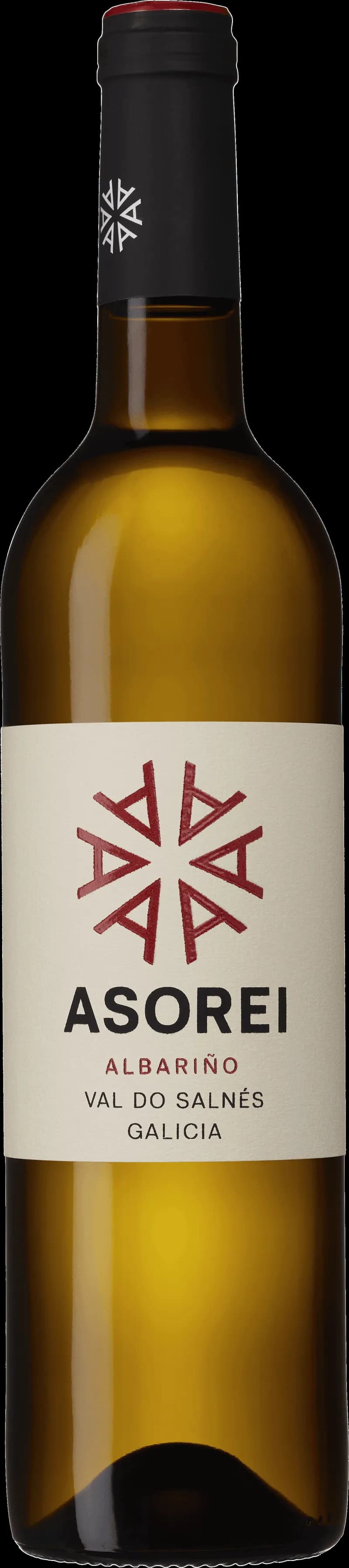 Flaska och glas med Terra de Asorei vitt vin från Spanien.