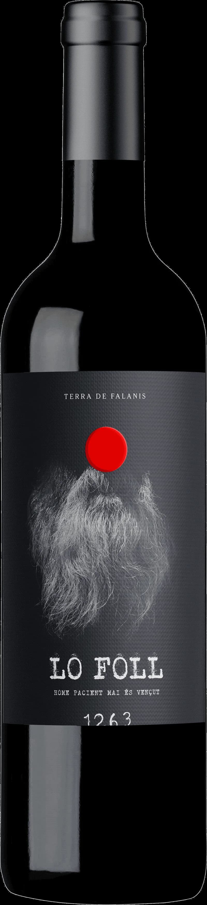 Flaska av rött vin från Terra de Falanis på en vit bakgrund.