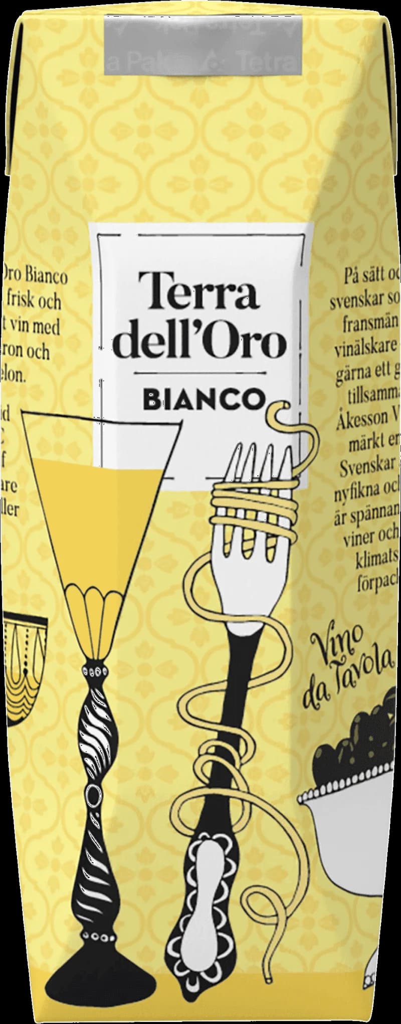 Flaska Terra dell'Oro vitt vin mot ljus bakgrund