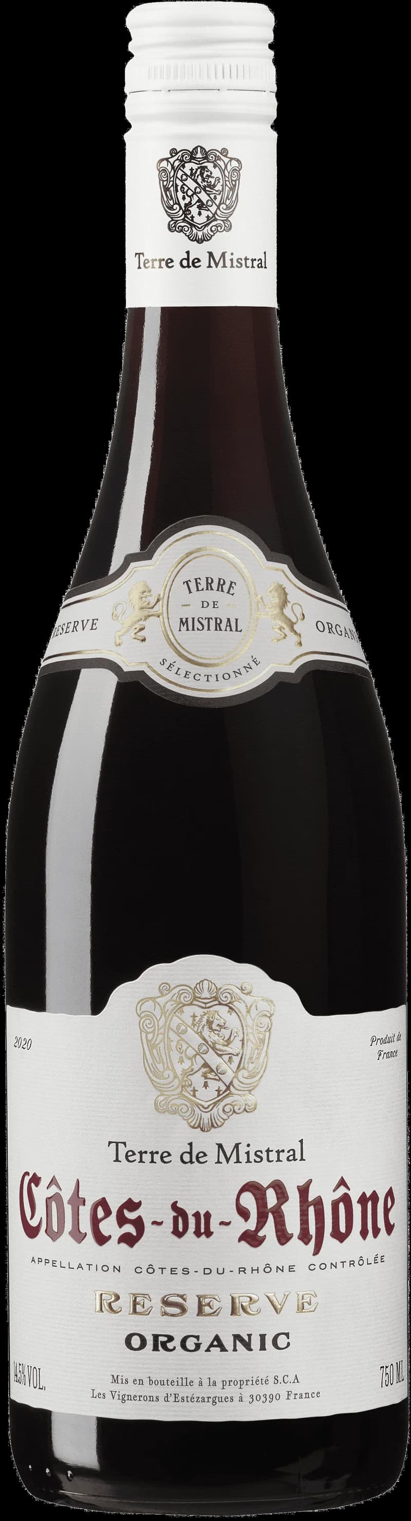 Flaska av Terre de Mistral Reserve rött vin mot neutral bakgrund.