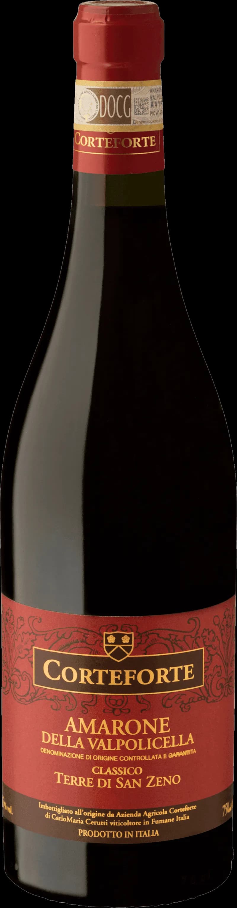 Flaska med Terre di San Zeno rött vin mot en rustik bakgrund.