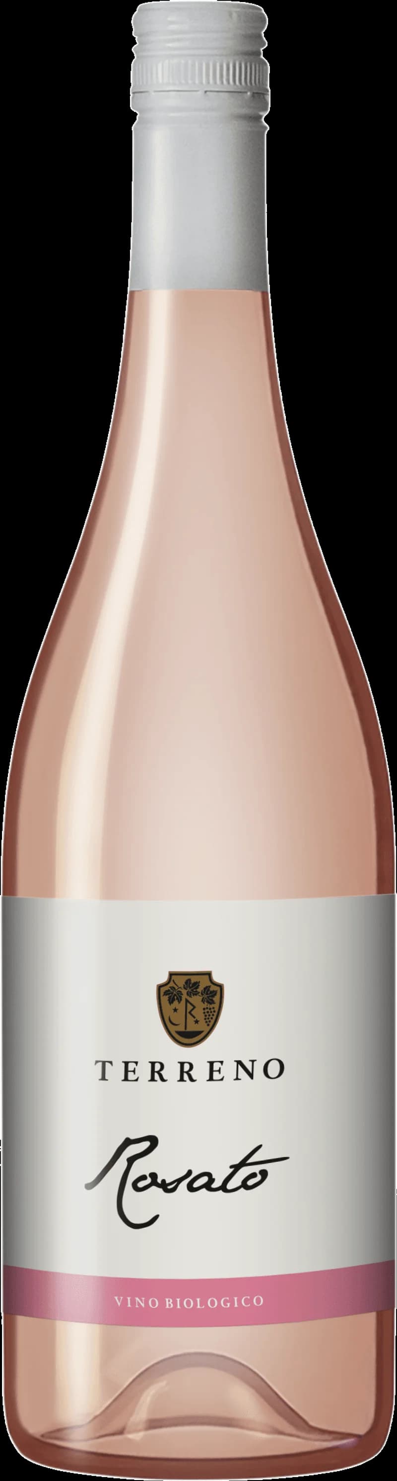 Flaska och glas med Terreno rosévin mot en ljus bakgrund.