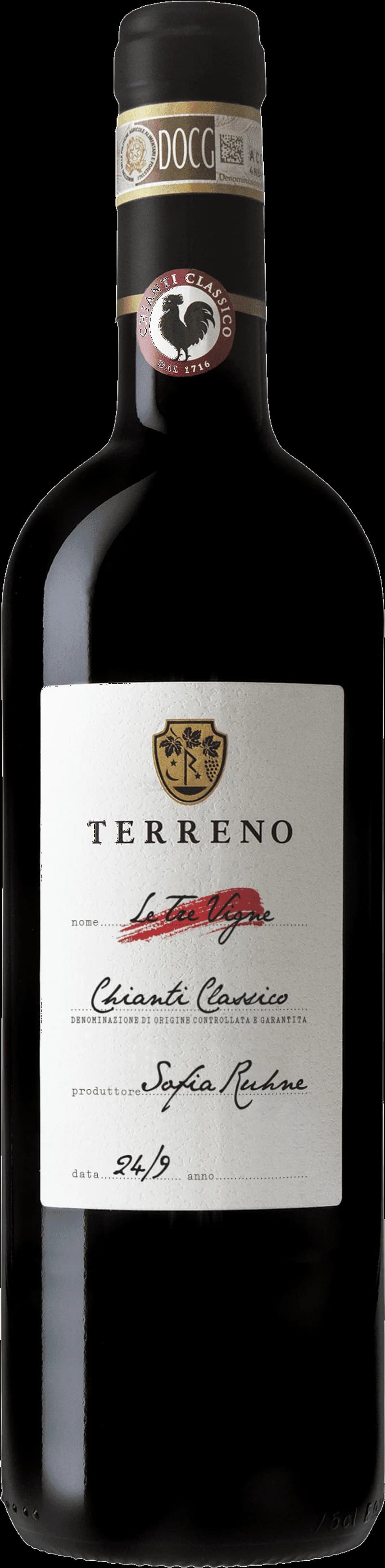 Flaska och glas med rött vin från Terreno