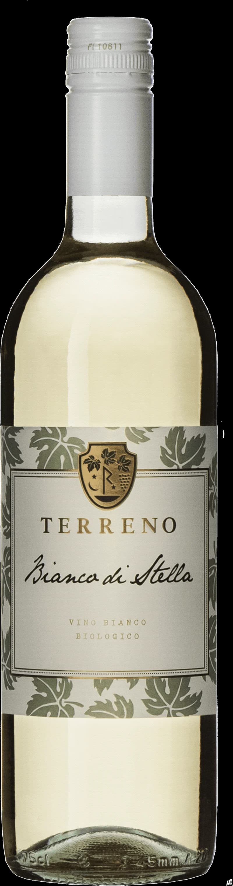 Flaska och glas med Terreno vitt vin på en bordduk.