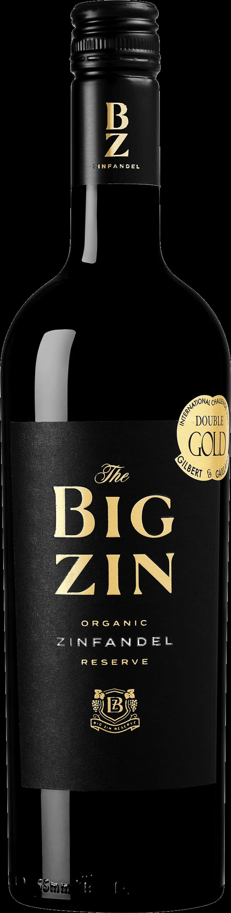 Flaska av The Big Zin rött vin mot neutral bakgrund.