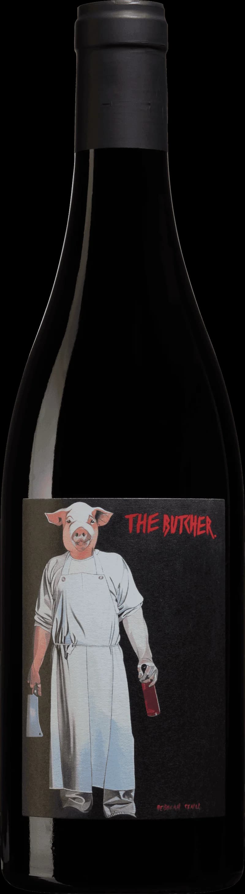 Etikett på The Butcher rött vin mot mörk bakgrund