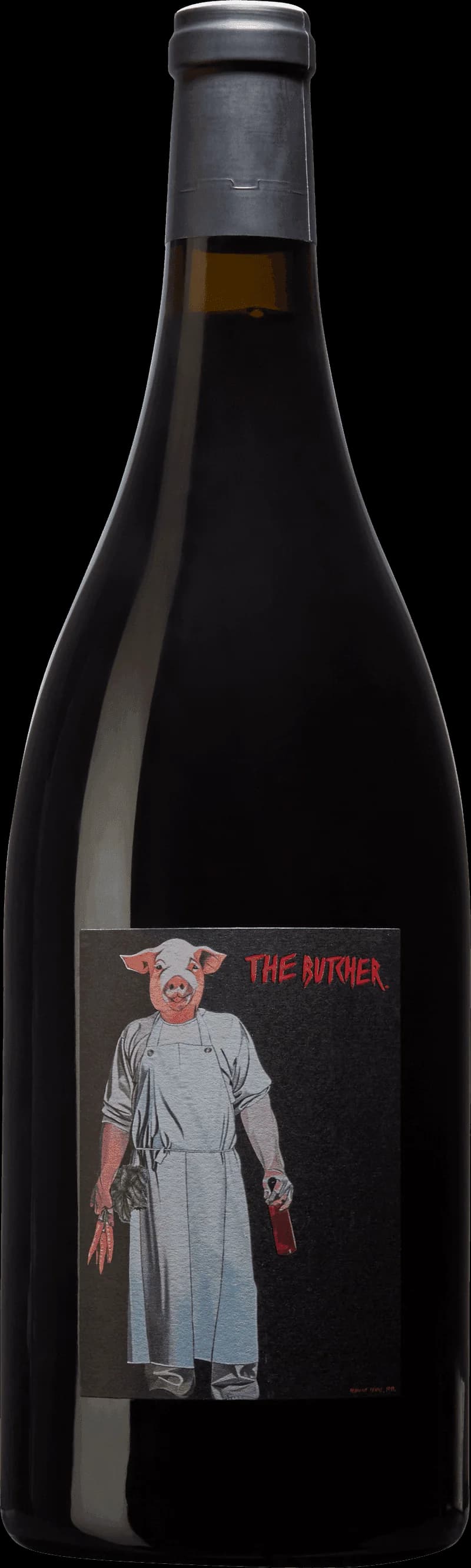 Flaska och glas med The Butcher rött vin på ett bord