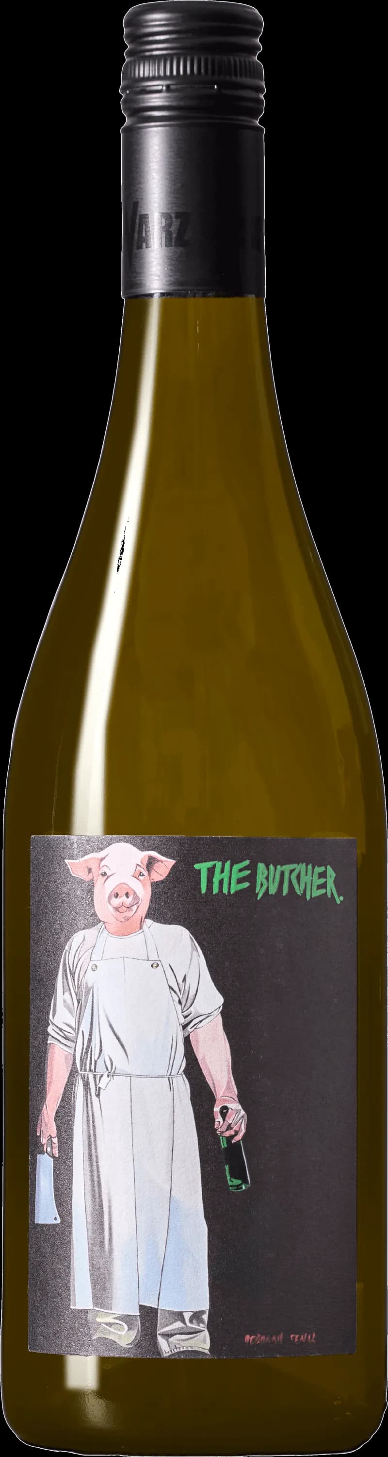 Etikett på The Butcher vitt vin mot ljus bakgrund