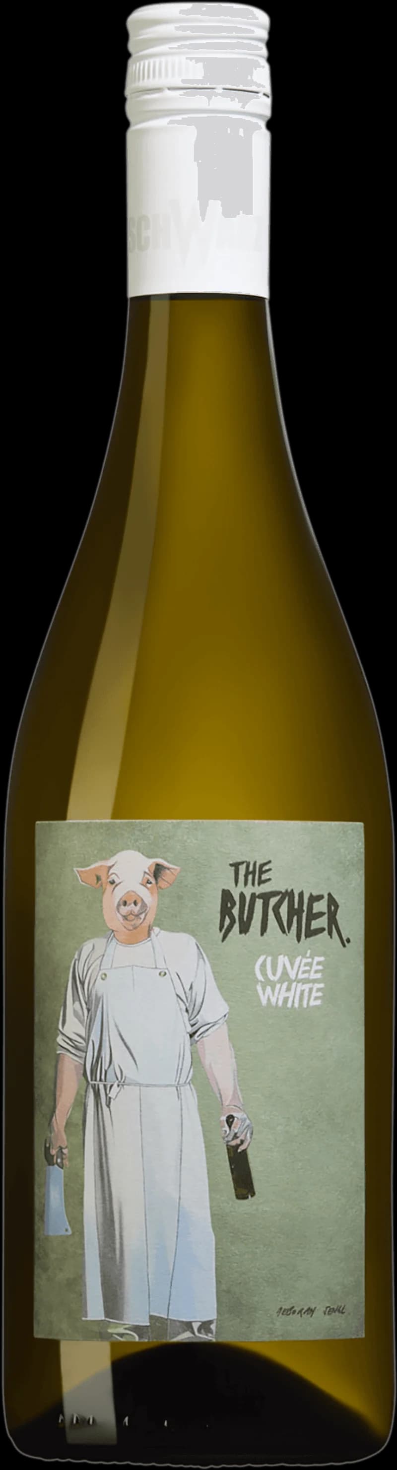 Flaska av The Butcher vitt vin på en bordsservering.